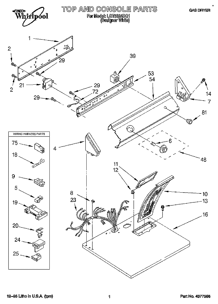 TOP AND CONSOLE, LIT/OPTIONAL Diagram and Parts List for LGT5624DQ1  Whirlpool Dryer