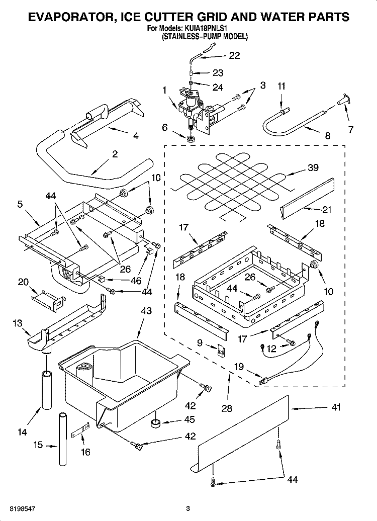EVAPORATOR ICE CUTTER GRID AND WATER PARTS Diagram and Parts List for KUIA18PNLS1  KitchenAid Ice Maker