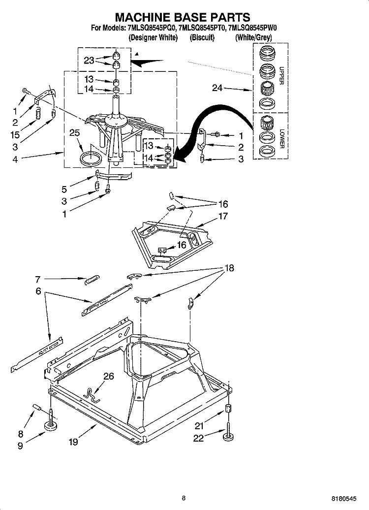 MACHINE BASE PARTS Diagram and Parts List for 7MLSQ8545PT0  Whirlpool Washer