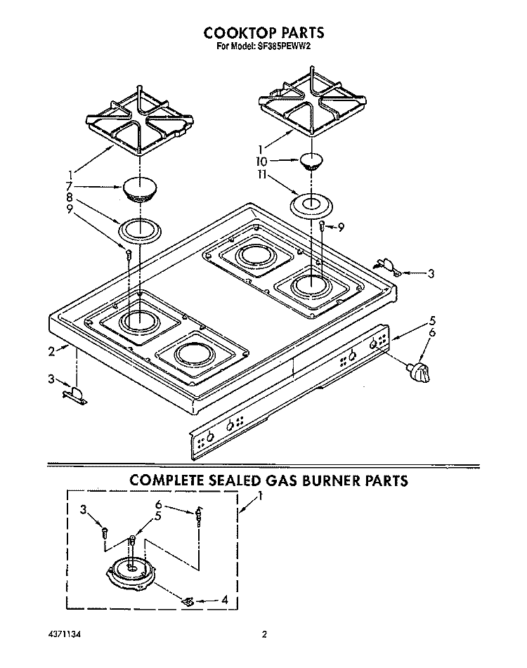 COOKTOP, COMPLETE SEALED GAS BURNER Diagram and Parts List for SF385PEWW2  Whirlpool Range