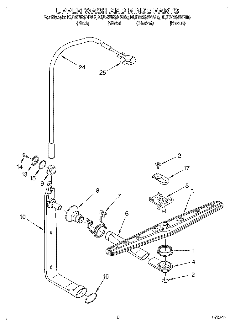 UPPER WASH AND RINSE Diagram and Parts List for KUDM25SHBL0  KitchenAid Dishwasher