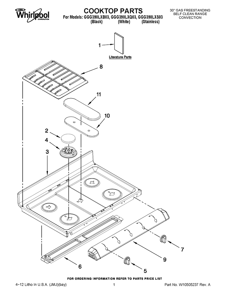 COOKTOP PARTS Diagram and Parts List for GGG390LXB03  Whirlpool Range