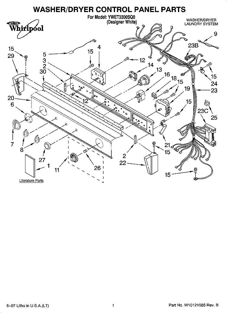 WASHER/DRYER CONTROL PANEL PARTS Diagram and Parts List for YWET3300SQ0  Whirlpool Washer Dryer Combo