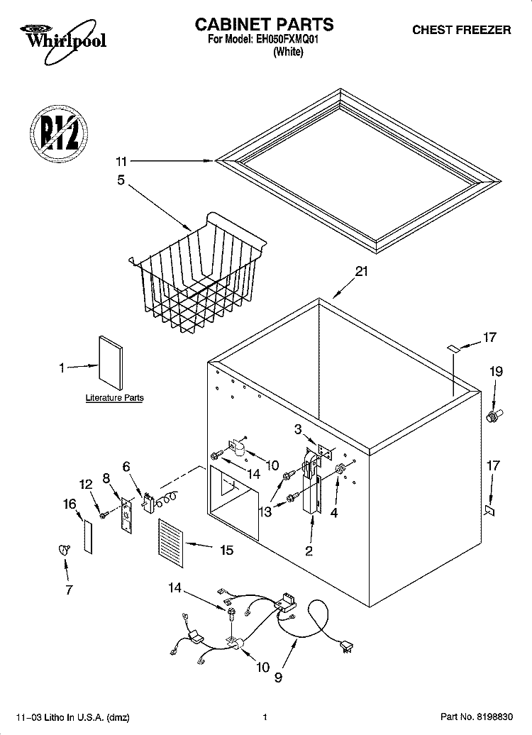 CABINET PARTS Diagram and Parts List for EH050FXMQ01  Whirlpool Freezer