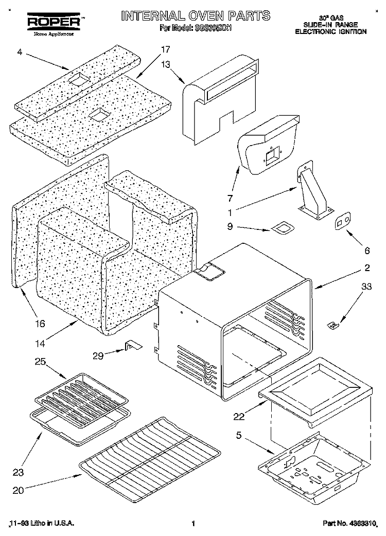 INTERNAL OVEN Diagram and Parts List for SGS395XX1  Roper Range
