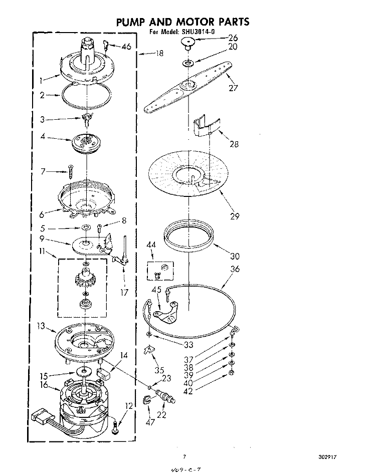 PUMP AND MOTOR Diagram and Parts List for SHU30140  Whirlpool Dishwasher