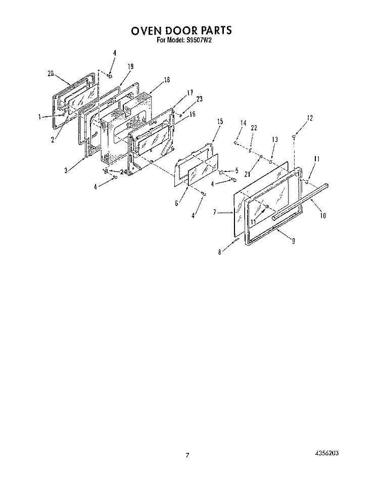 OVEN DOOR Diagram and Parts List for S9507^2  Whirlpool Range