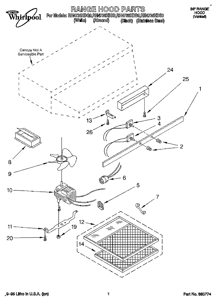 SECTION Diagram and Parts List for RH4736XDQ0  Whirlpool Range Hood