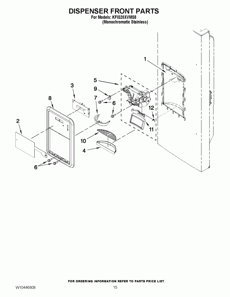 DISPENSER FRONT PARTS Diagram and Parts List for KFIS20XVMS6  KitchenAid Refrigerator
