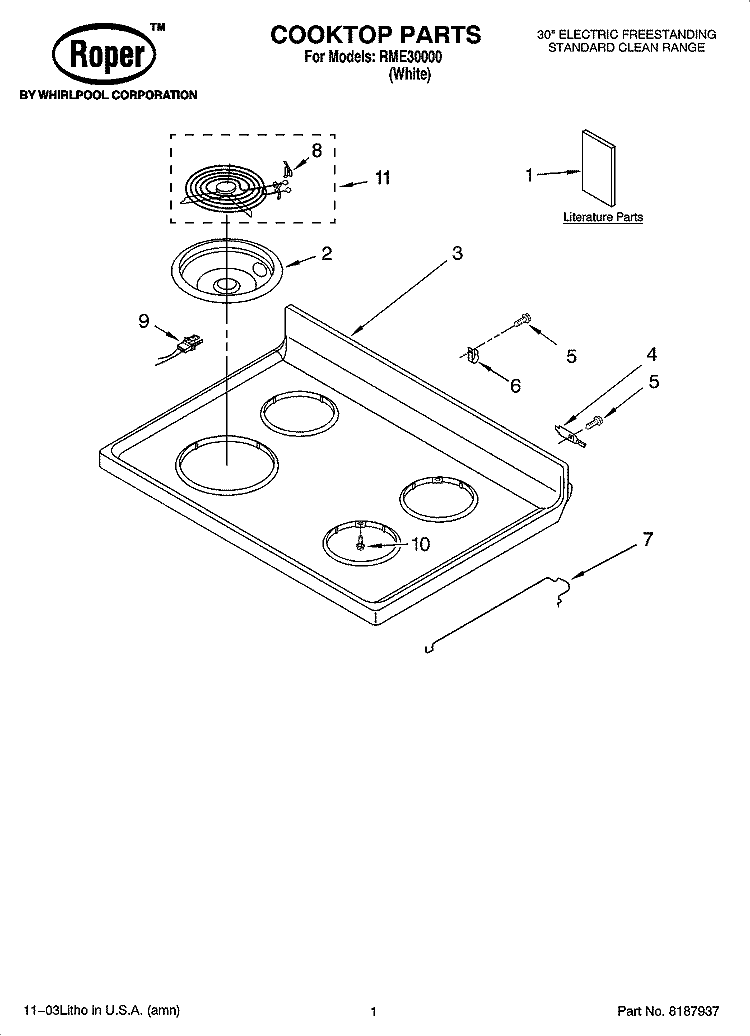 COOKTOP PARTS Diagram and Parts List for RME30000  Roper Range