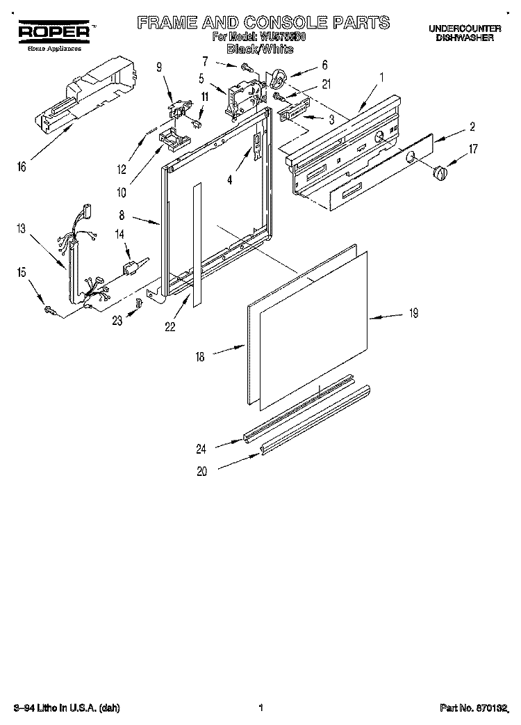 FRAME AND CONSOLE Diagram and Parts List for WU5755B0  Roper Dishwasher