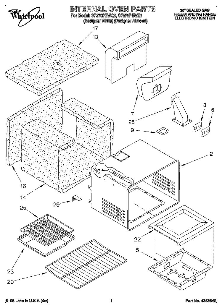 INTERNAL OVEN Diagram and Parts List for SF378PEWZ0  Whirlpool Range