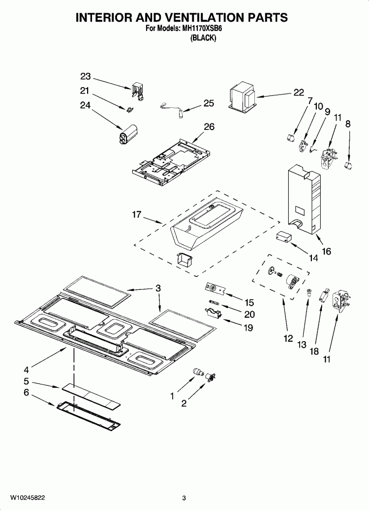 INTERIOR AND VENTILATION PARTS Diagram and Parts List for MH1170XSB6  Whirlpool Microwave