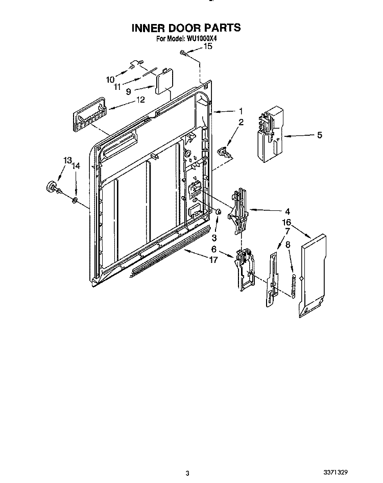 INNER DOOR Diagram and Parts List for WU1000X4  Roper Dishwasher