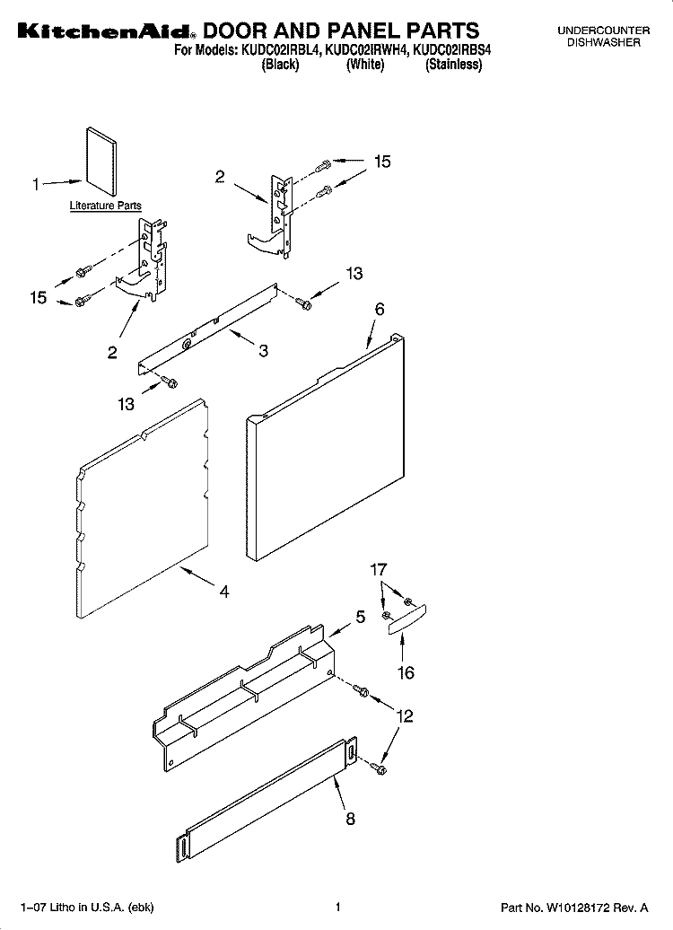 DOOR AND PANEL PARTS Diagram and Parts List for KUDC02IRBL4  KitchenAid Dishwasher