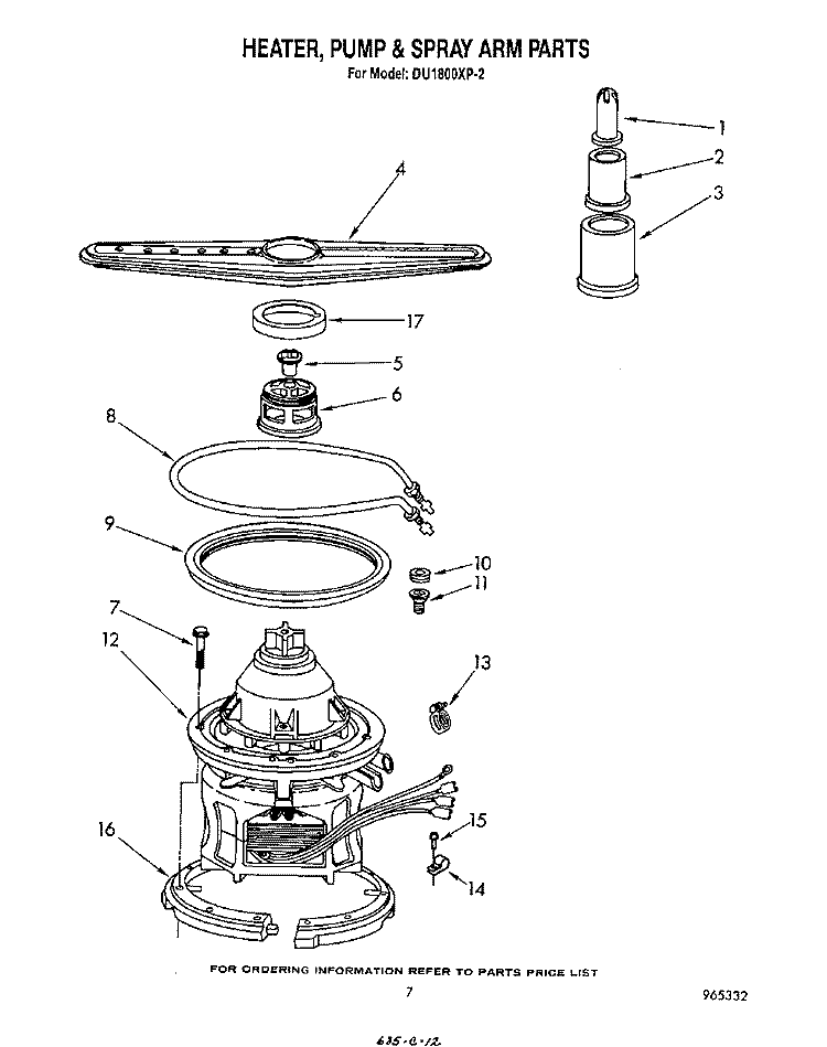 HEATER, PUMP AND SPRAY ARM Diagram and Parts List for DU1800XP2  Whirlpool Dishwasher