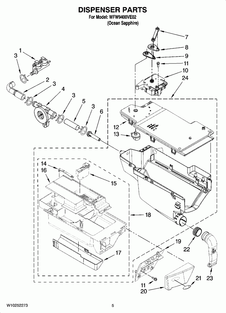 DISPENSER PARTS Diagram and Parts List for WFW9400VE02  Whirlpool Washer