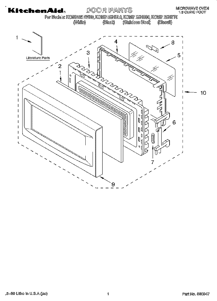 DOOR, LITERATURE Diagram and Parts List for KCMS135HBL0  KitchenAid Microwave