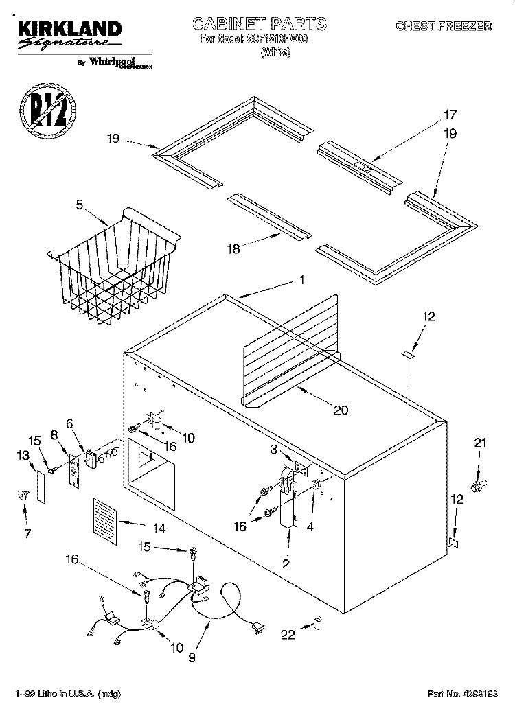 CABINET Diagram and Parts List for SCF1510HW00  Whirlpool Freezer