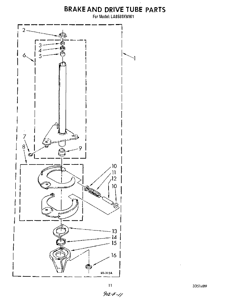 BRAKE AND DRIVE TUBE Diagram and Parts List for LA8580XWN1  Whirlpool Washer