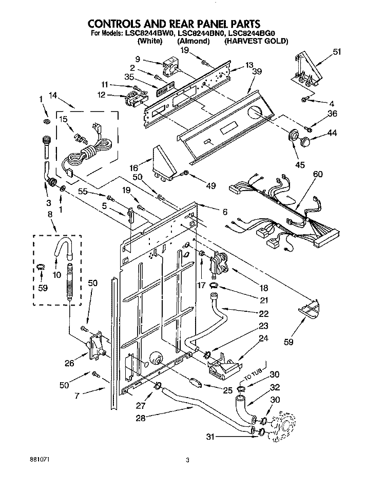 CONTROLS AND REAR PANEL Diagram and Parts List for LSC8244BW0  Whirlpool Washer