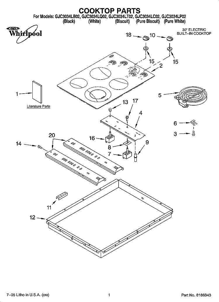 COOKTOP PARTS, OPTIONAL PARTS Diagram and Parts List for GJC3034LB02  Whirlpool Cooktop