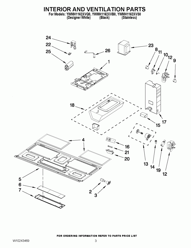 INTERIOR AND VENTILATION PARTS Diagram and Parts List for YWMH1162XVB0  Whirlpool Microwave