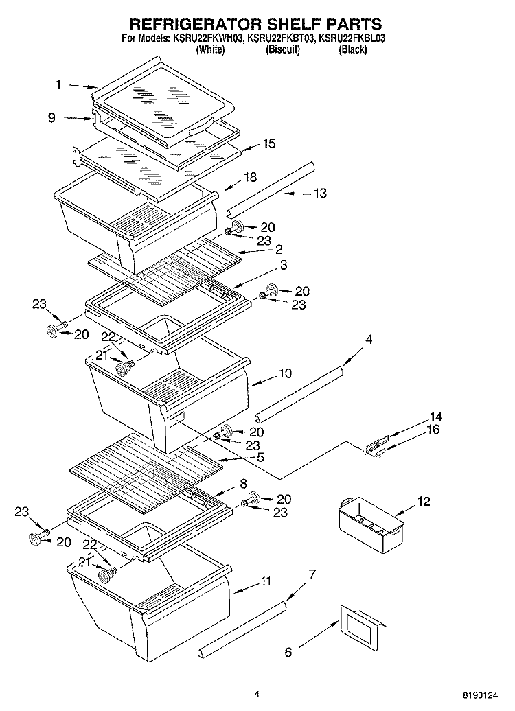 REFRIGERATOR SHELF Diagram and Parts List for KSRU22FKBL03  KitchenAid Refrigerator
