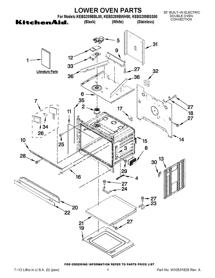 LOWER OVEN PARTS Diagram and Parts List for KEBS209BWH00  KitchenAid Wall Oven