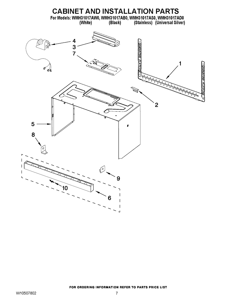 CABINET AND INSTALLATION PARTS Diagram and Parts List for WMH31017AB0  Whirlpool Microwave