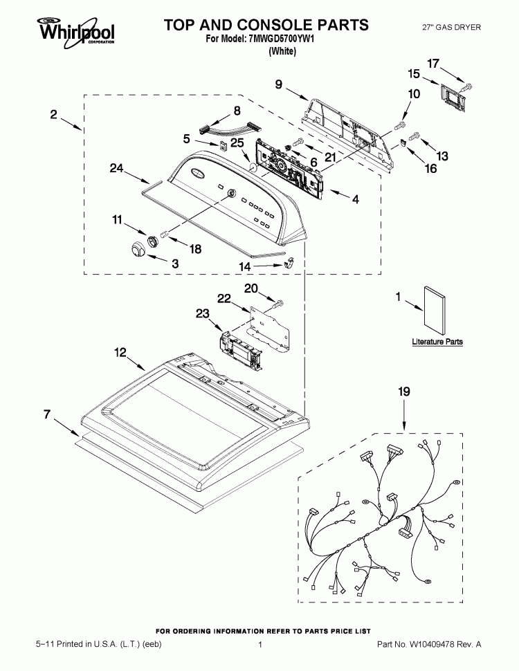 TOP AND CONSOLE PARTS Diagram and Parts List for 7MWGD5700YW1  Whirlpool Dryer