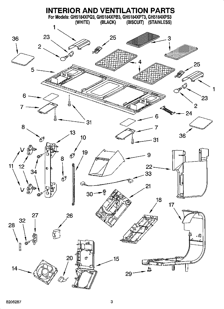 INTERIOR AND VENTILATION PARTS Diagram and Parts List for GH5184XPQ3  Whirlpool Microwave