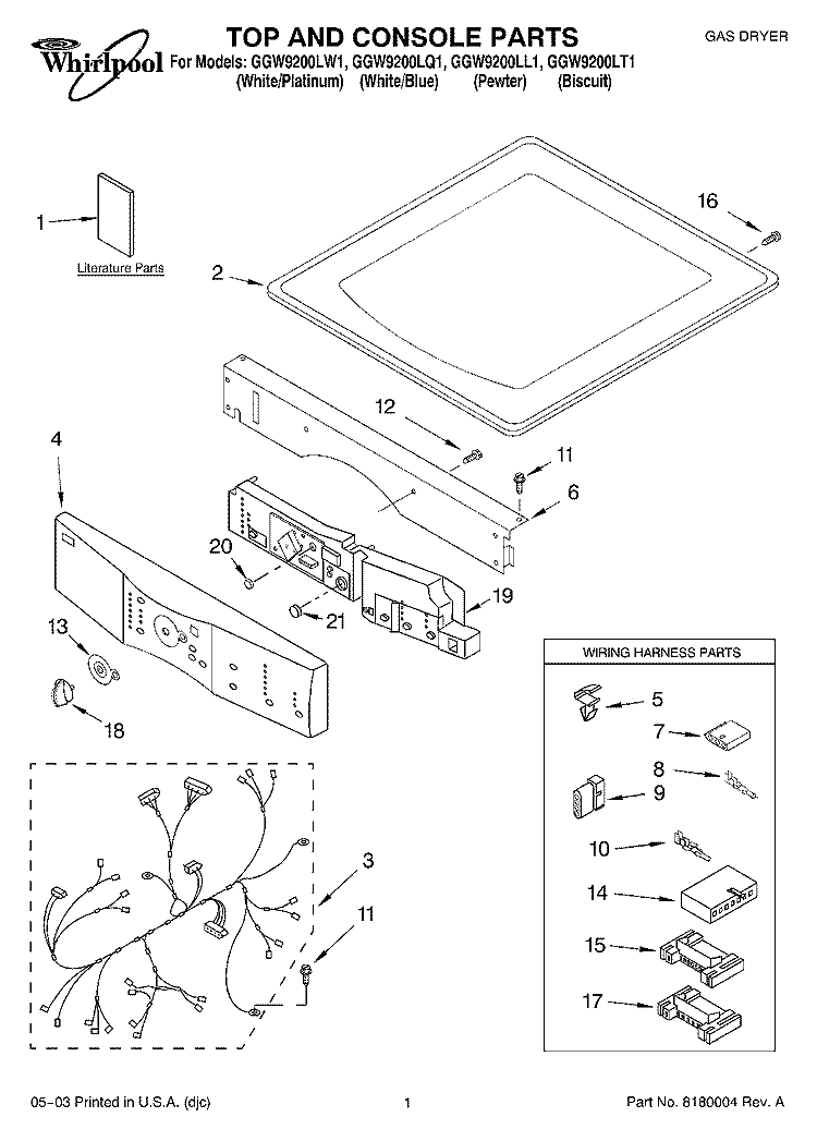 TOP AND CONSOLE PARTS Diagram and Parts List for GGW9200LQ1  Whirlpool Dryer