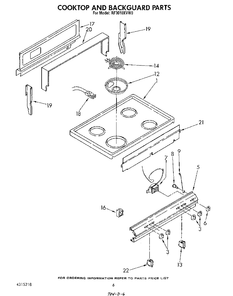 COOK TOP AND BACKGUARD Diagram and Parts List for RF3010XVW0  Whirlpool Range