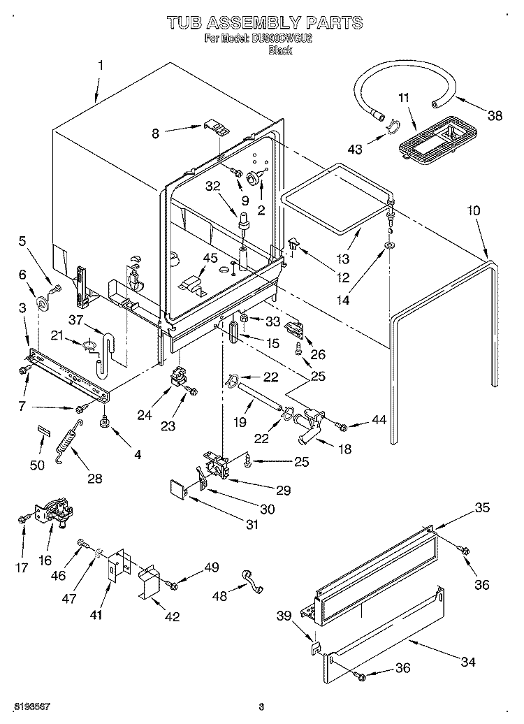 TUB ASSEMBLY Diagram and Parts List for DU800DWGU2  Whirlpool Dishwasher