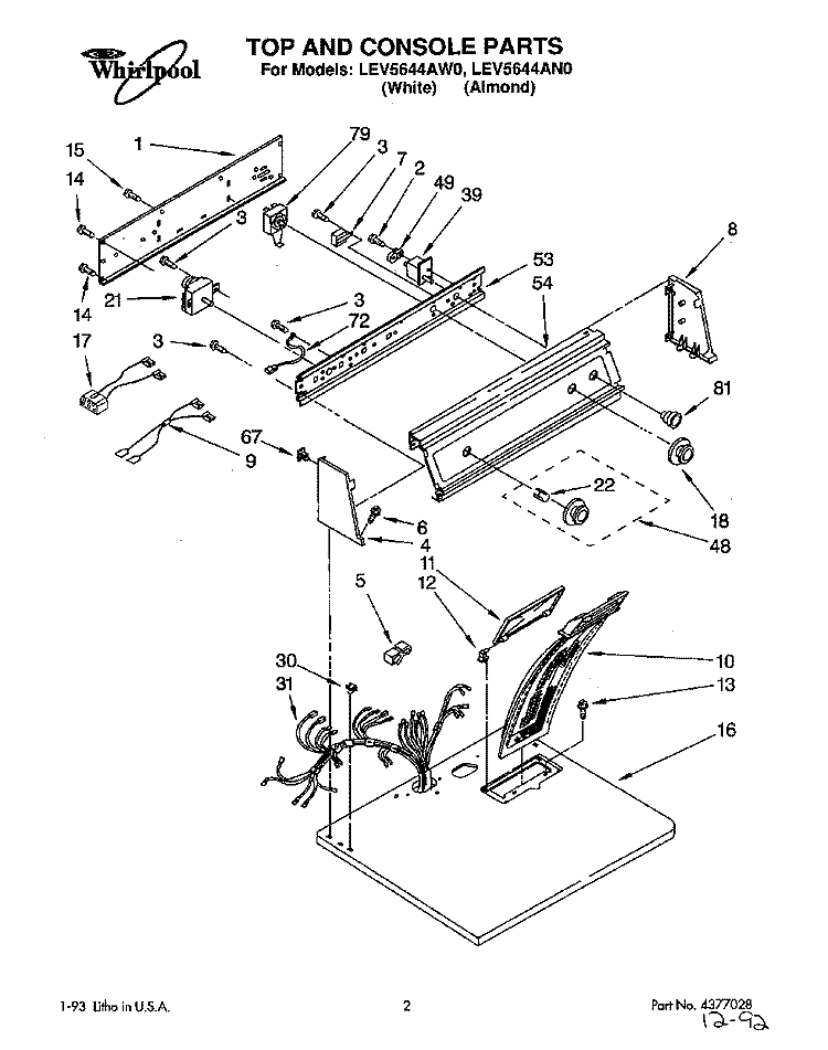 SECTION Diagram and Parts List for LEV5644AW0  Whirlpool Dryer