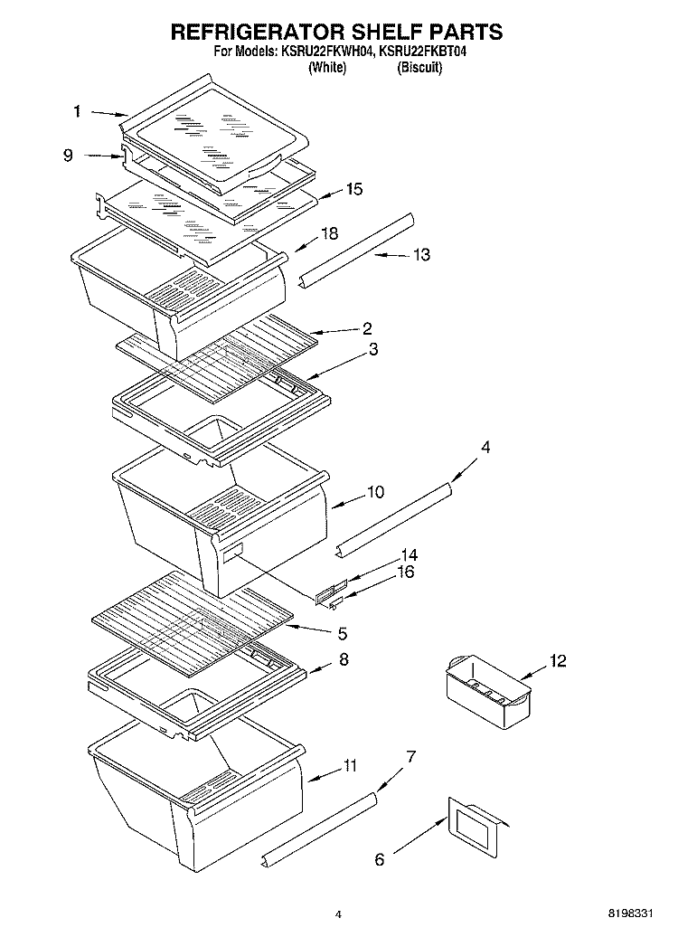REFRIGERATOR SHELF Diagram and Parts List for KSRU22FKWH04  KitchenAid Refrigerator