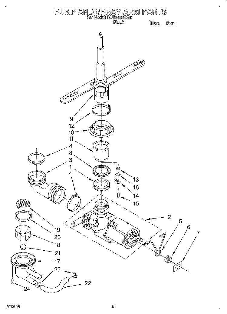 PUMP AND SPRAY ARM Diagram and Parts List for RUD3006DB2  Roper Dishwasher