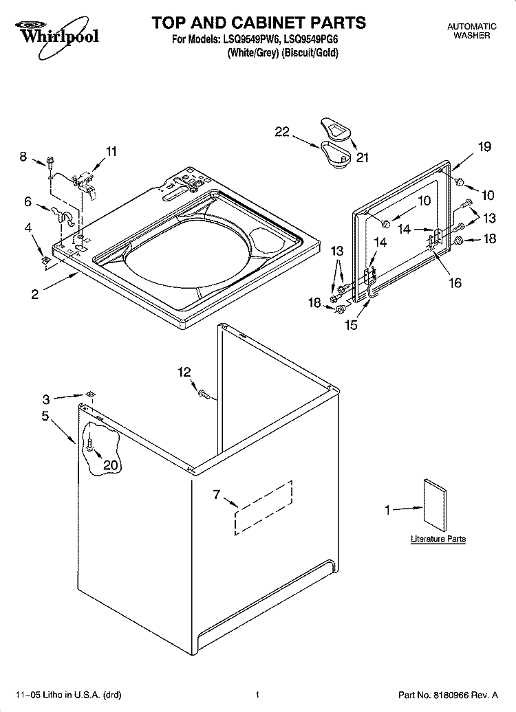 TOP AND CABINET PARTS Diagram and Parts List for LSQ9549PG6  Whirlpool Washer
