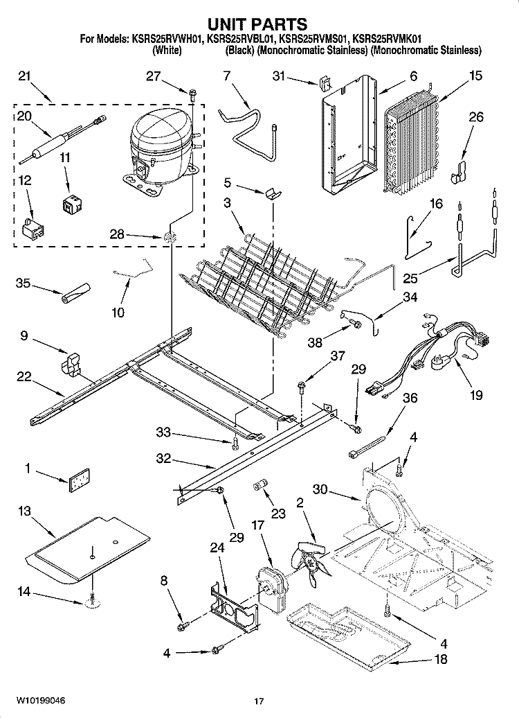 UNIT PARTS Diagram and Parts List for KSRS25RVBL01  KitchenAid Refrigerator