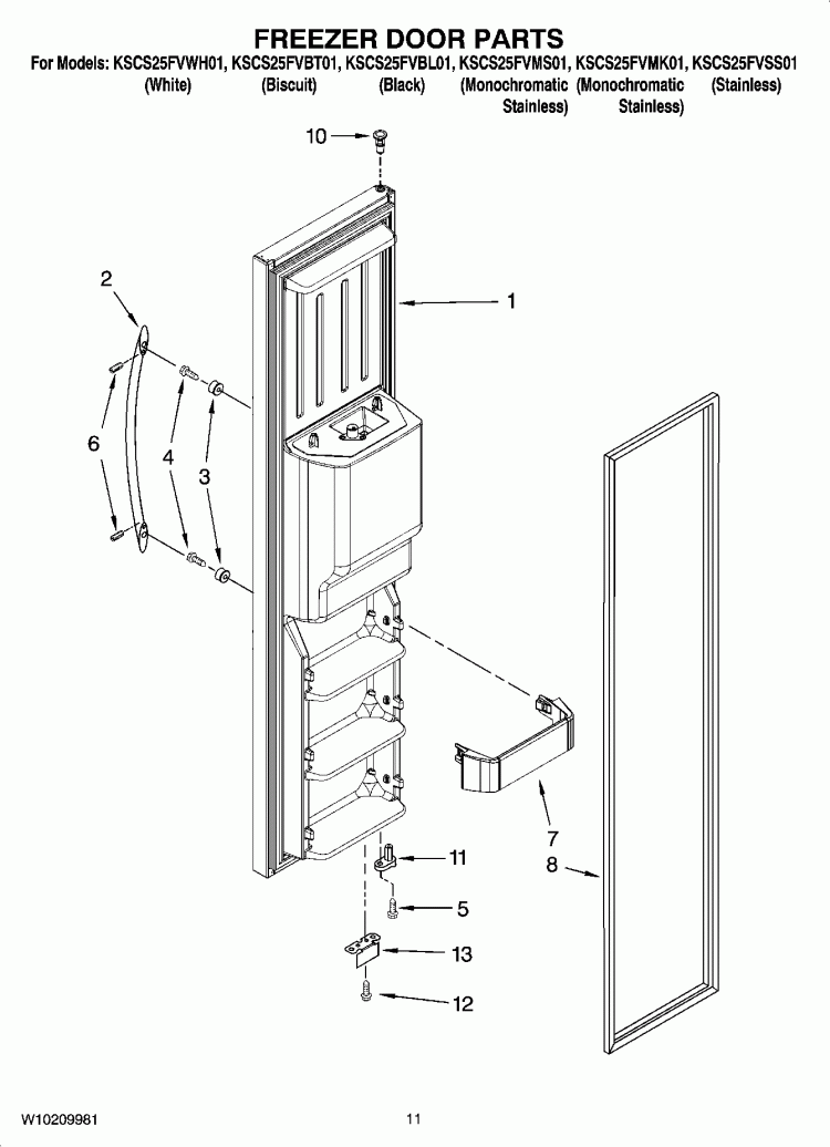 FREEZER DOOR PARTS Diagram and Parts List for KSCS25FVBT01  KitchenAid Refrigerator