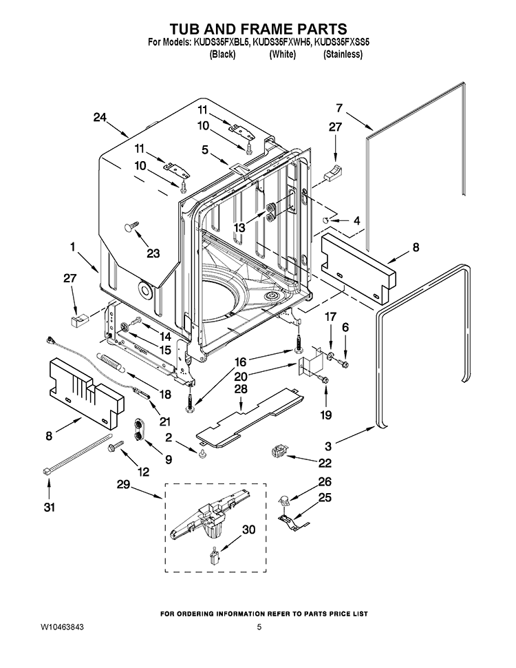 TUB AND FRAME PARTS Diagram and Parts List for KUDS35FXSS5  KitchenAid Dishwasher