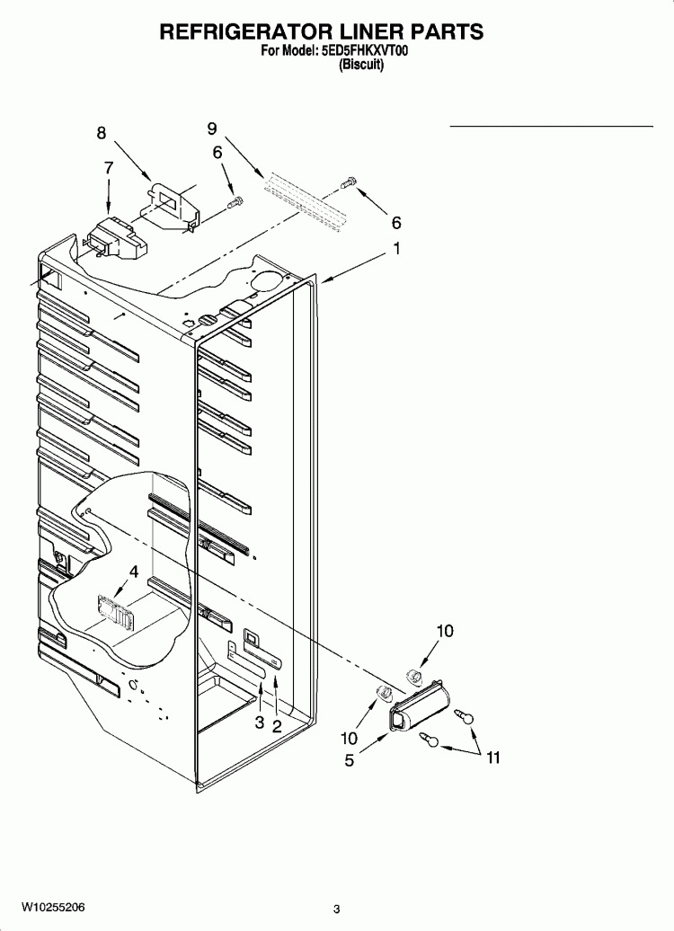 REFRIGERATOR LINER PARTS Diagram and Parts List for 5ED5FHKXVT00  Whirlpool Refrigerator