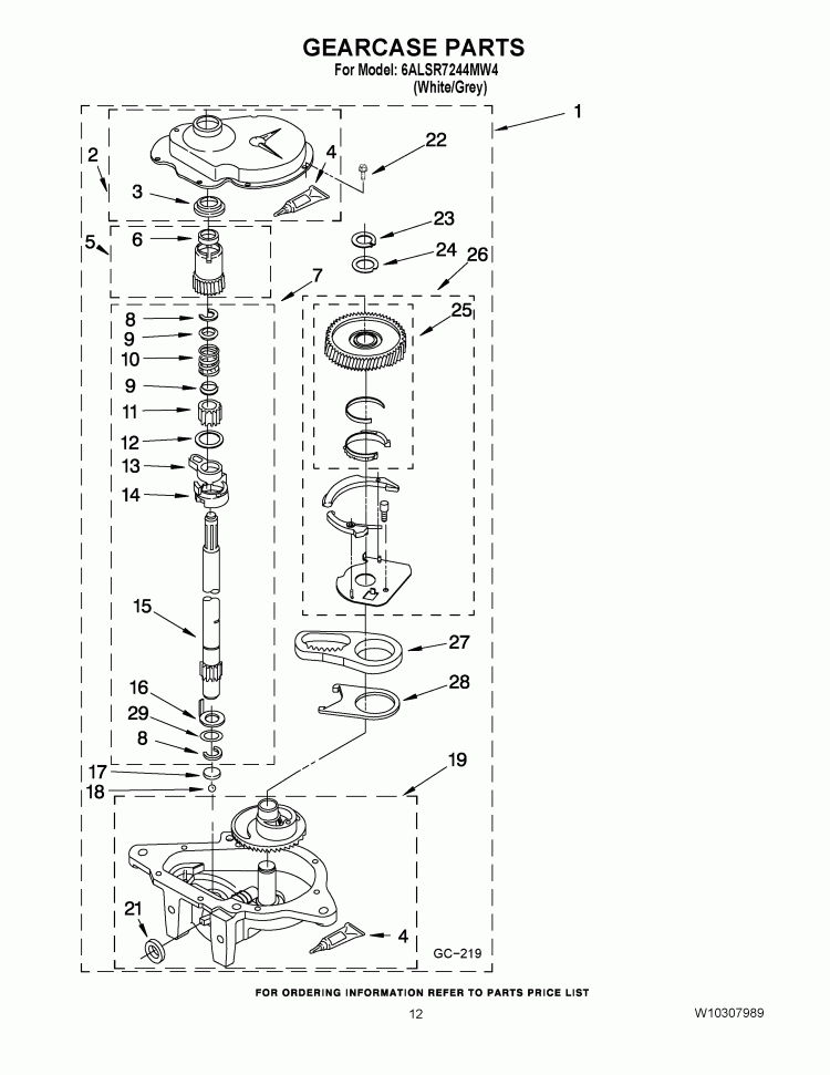GEARCASE PARTS Diagram and Parts List for 6ALSR7244MW4  Whirlpool Washer