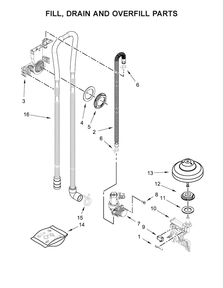 Fill, Drain And Overfill Parts Diagram and Parts List for KDFE204EBL4  KitchenAid Dishwasher