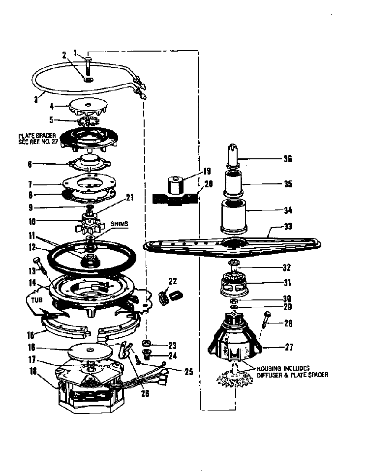 Motor, Heater, And Spray Arm Diagram and Parts List for 8565L20  Roper Dishwasher