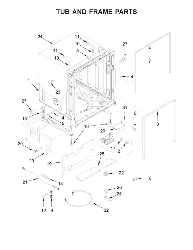 Tub And Frame Parts Diagram and Parts List for KDTM354EBS2  KitchenAid Dishwasher