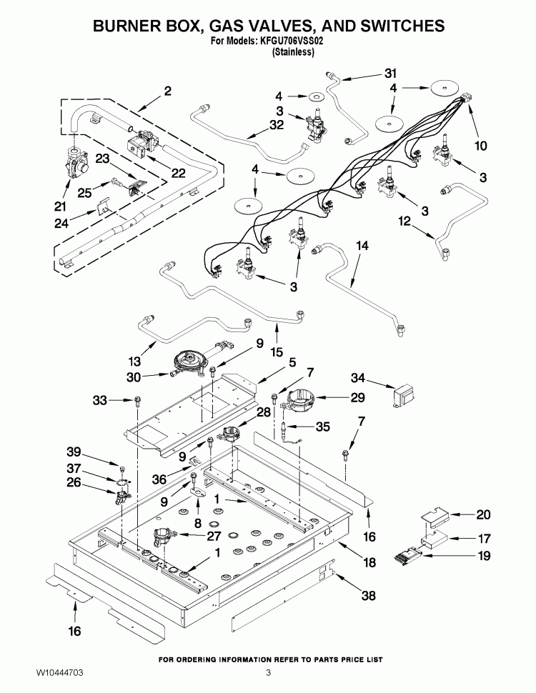 BURNER BOX, GAS VALVES AND SWITCHES Diagram and Parts List for KFGU706VSS02  KitchenAid Cooktop