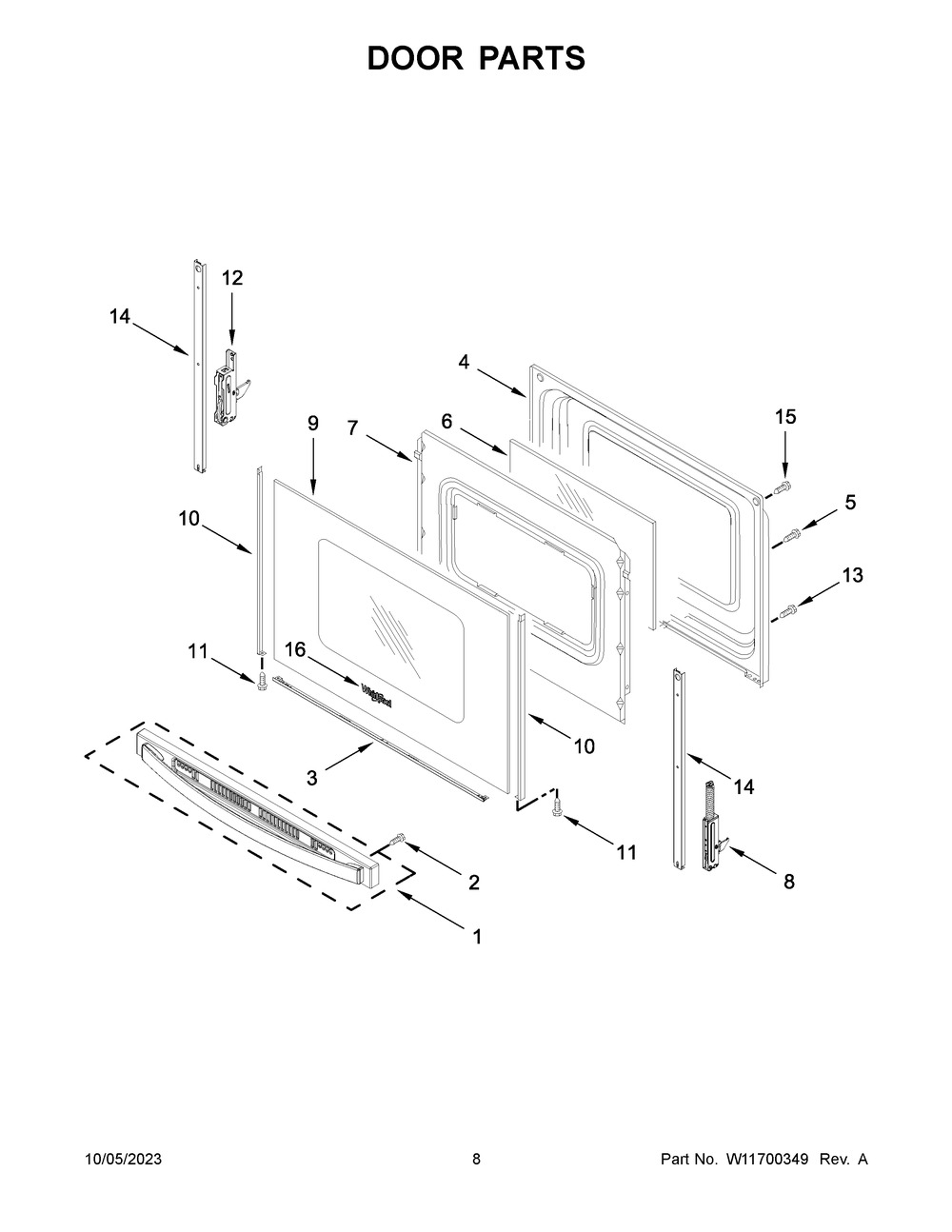 Door Parts Diagram and Parts List for WFE505W0JV4  Whirlpool Range