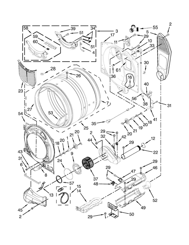 Bulkhead Parts Diagram and Parts List for WED8740DC1  Whirlpool Dryer